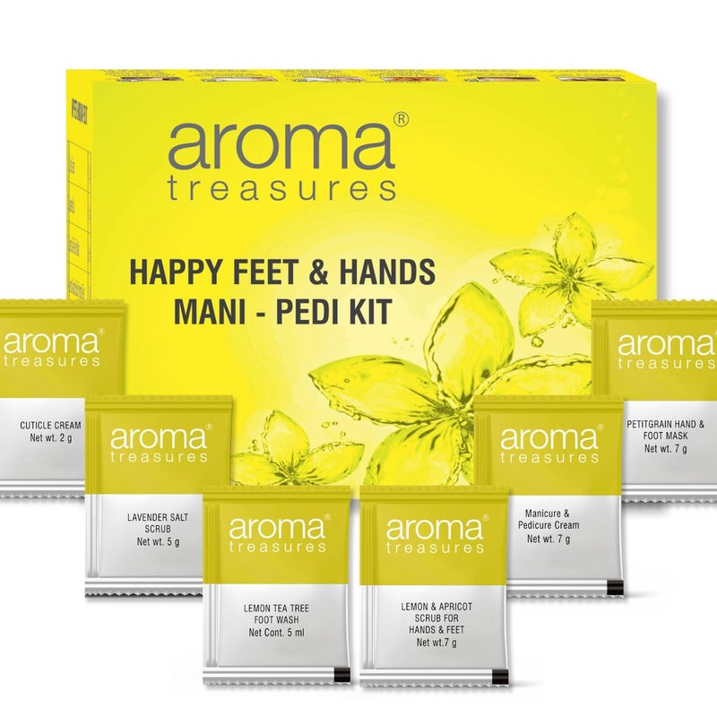 Aroma Treasures Happy Feet and Hands Manicure pedicure kit contains Cuticle cream Footh wash Lavender salt Scrub Foot mask One time use kit - Image 2