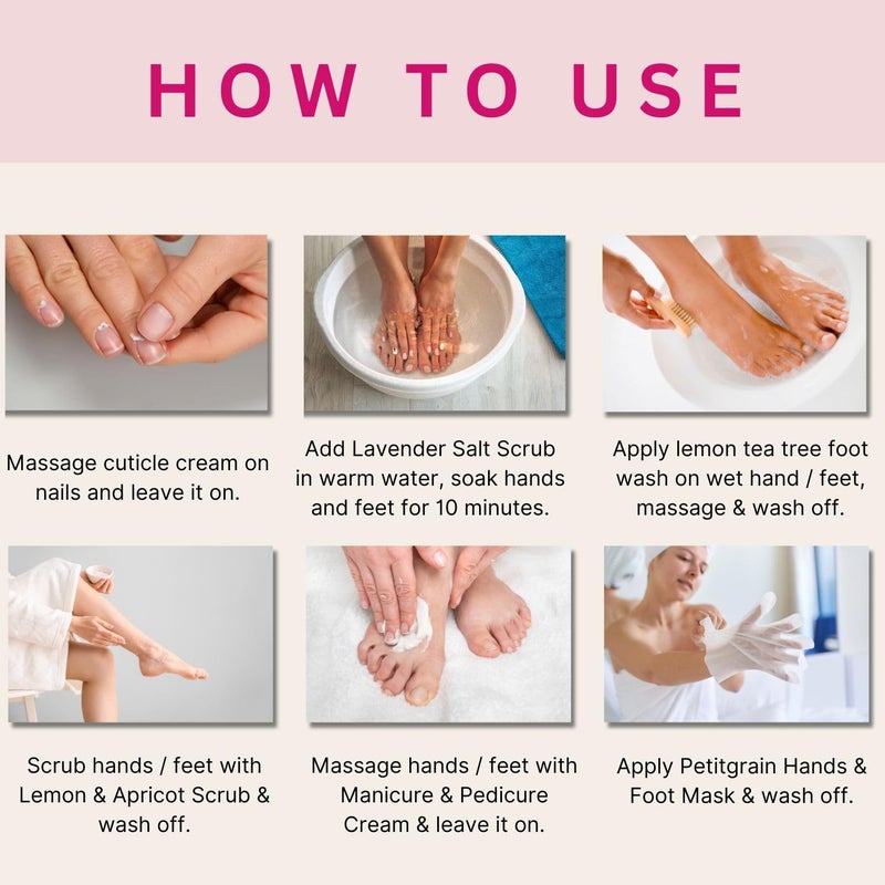 Aroma Treasures Happy Feet and Hands Manicure pedicure kit contains Cuticle cream Footh wash Lavender salt Scrub Foot mask One time use kit - Image 5
