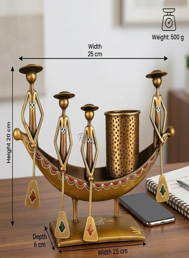RHEA STORE Antique Metal Boat Pen Stand, Copper Gold 4-Man Rowing Showpiece Table Decor Item for Office Desk, Corporate Bulk Gifting and Study Room Decoration (Pack of 1) - Image 3