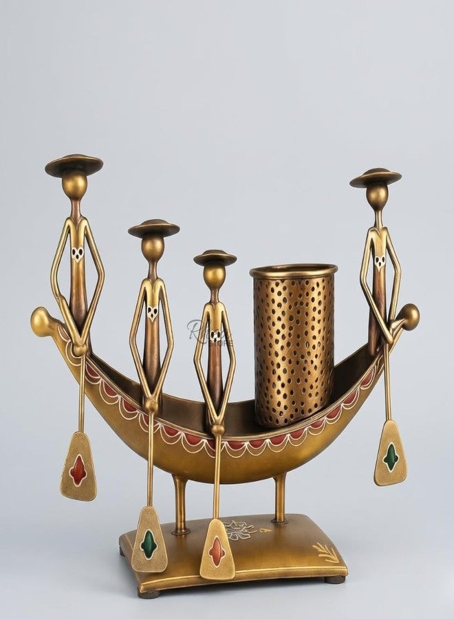 RHEA STORE Antique Metal Boat Pen Stand, Copper Gold 4-Man Rowing Showpiece Table Decor Item for Office Desk, Corporate Bulk Gifting and Study Room Decoration (Pack of 1) - Image 4