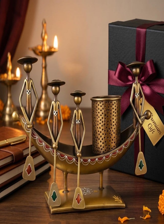 RHEA STORE Antique Metal Boat Pen Stand, Copper Gold 4-Man Rowing Showpiece Table Decor Item for Office Desk, Corporate Bulk Gifting and Study Room Decoration (Pack of 1) - Image 2
