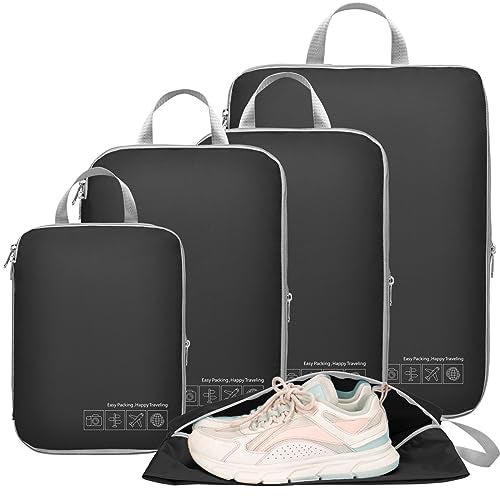 Cambond Compression Packing Cubes Travel - 5 Set Packing Cubes for Carry on Suitcases, Lightweight Expandable Travel Bags Luggage Organizers Space Saver Compression Cubes with Shoe Bag, Black - Image 1