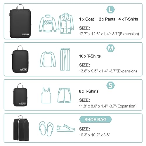 Cambond Compression Packing Cubes Travel - 5 Set Packing Cubes for Carry on Suitcases, Lightweight Expandable Travel Bags Luggage Organizers Space Saver Compression Cubes with Shoe Bag, Black - Image 2