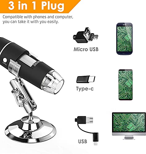 Tobo USB 3x1 Digital Microscope 40X to 1000X, 8 LED Magnification Endoscope Camera with Metal Stand, Compatible with Android Windows 7 8 10 Linux Mac (USB-3 x1-1000x) - TD-584IM - Image 4