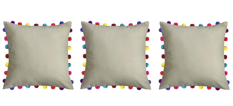 Lushomes Cushion Cover 20x20 Boho Cushion Covers Sofa Pillow Cover Cushion Covers with Tassels Cushion Cover with pom pom 20x20 Inches Set of 3 Beige - Image 1