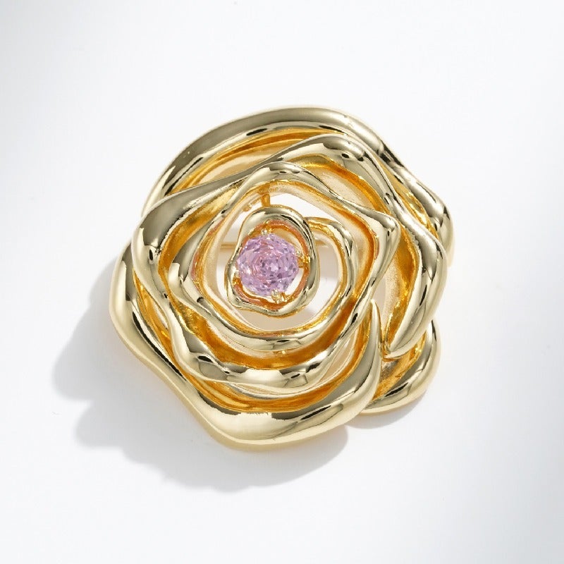 X5391-1-200 Rose Cut Gold Powder Flower Brooch - Elegant Metal Zircon Tea Flower Pin for Women - Image 1