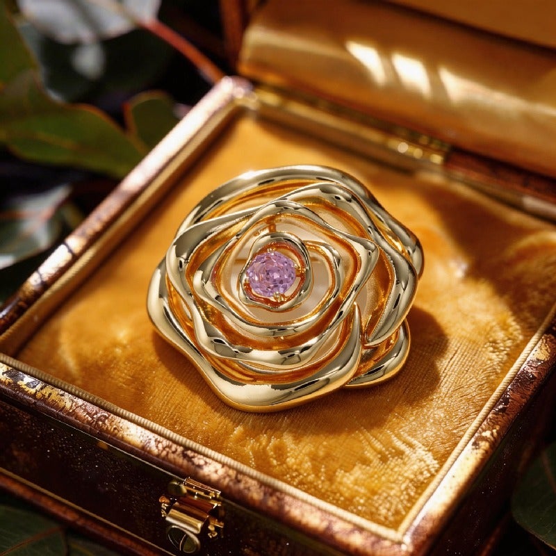 X5391-1-200 Rose Cut Gold Powder Flower Brooch - Elegant Metal Zircon Tea Flower Pin for Women - Image 4