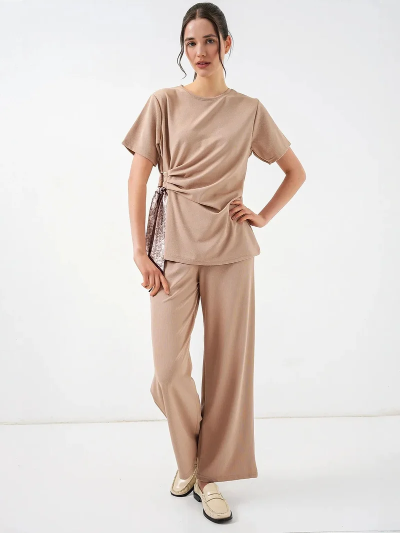 BIG DART BDART Crew Neck Tie Detail Ribbed Co-Ord Set with Wide Leg Trousers