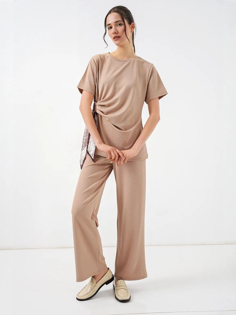 BIG DART BDART Crew Neck Tie Detail Ribbed Co-Ord Set with Wide Leg Trousers - Image 4