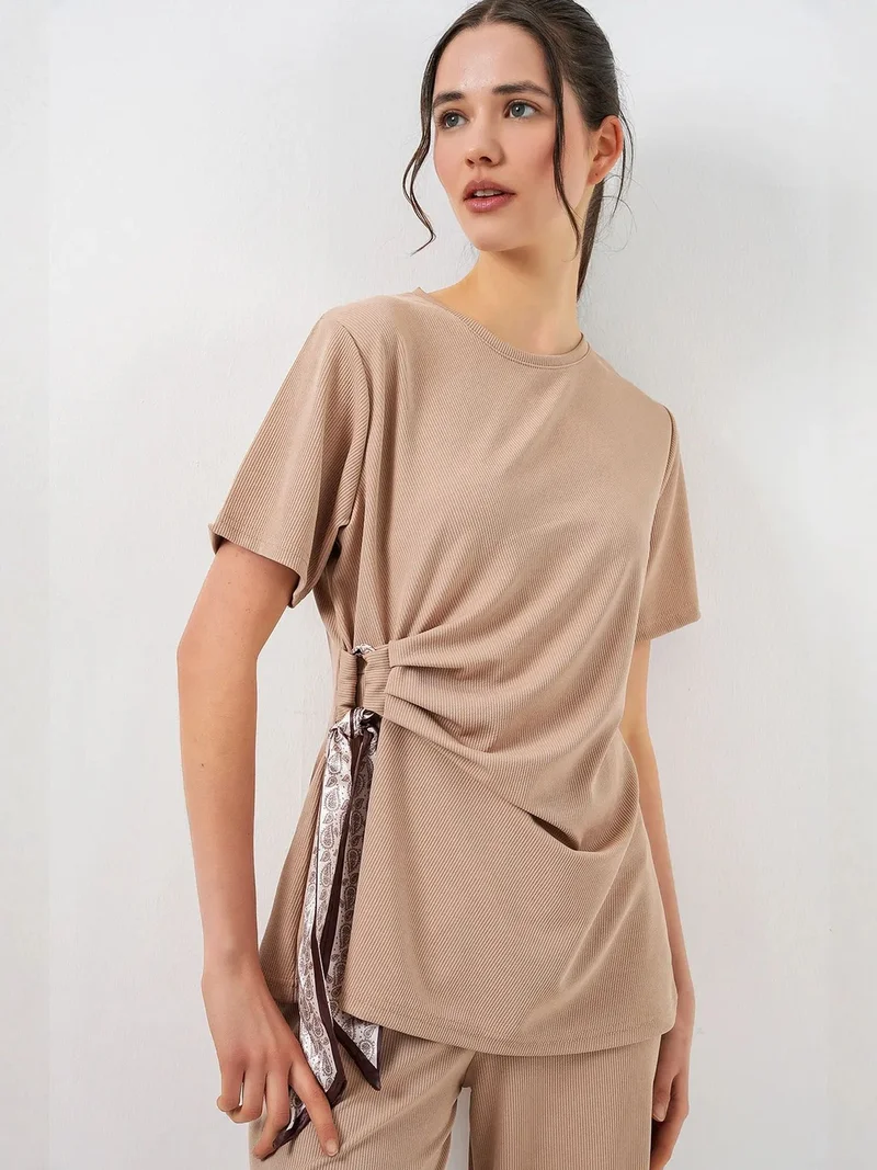 BIG DART BDART Crew Neck Tie Detail Ribbed Co-Ord Set with Wide Leg Trousers