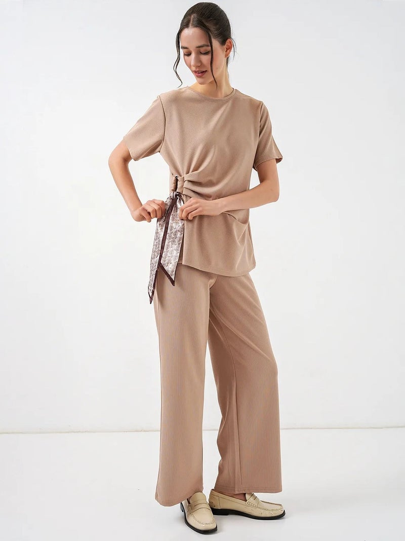 BIG DART BDART Crew Neck Tie Detail Ribbed Co-Ord Set with Wide Leg Trousers - Image 3