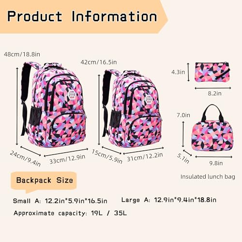 Bansusu 3Pcs Geometric Print Kids Backpack Set for Girls with Lunchbox, Capacity Elementary Middle School Bag Girls Backpack and Lunchbox Set - Image 3