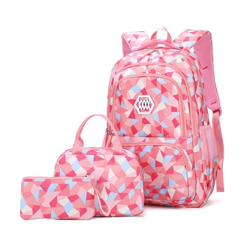 Bansusu 3Pcs Geometric Print Kids Backpack Set for Girls with Lunchbox, Capacity Elementary Middle School Bag Girls Backpack and Lunchbox Set - Image 1