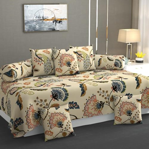 SHOMES Pure Soft Cotton Jaipuri Printed Diwan Set Covers 8 Pieces - 1 Single Bed Sheet (60 X 90) with 5 Cushion (16 X 16), 2 Bolster Covers (16 X 32) - Beige Jaipuri - Image 1