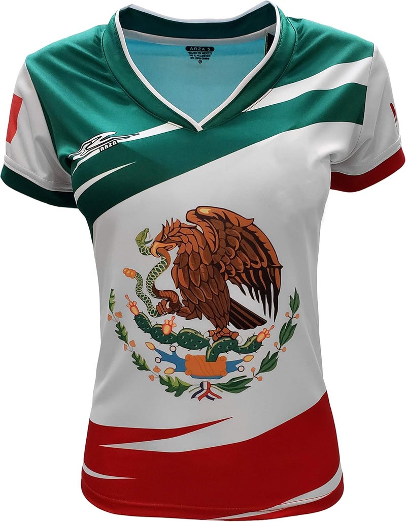 ARZA Mexico National Women’s Soccer Jersey - Sublimated Tricolor Flag Design, V-Neck Short Sleeve, Made in Mexico - Image 1