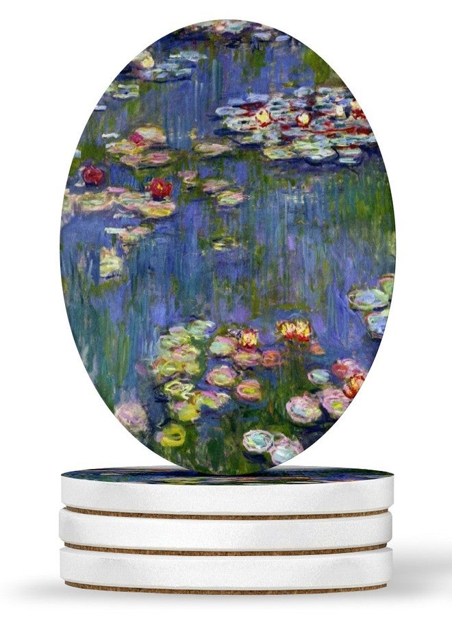 AK Wall Art تصميم زنابق الماء لكلود مونيه - قواعد أكواب دائرية، حجر رملي طبيعي - مجموعة من 4 قطع - Image 1
