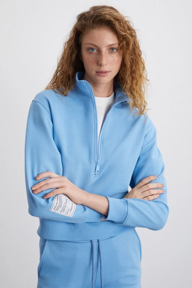 GRIMELANGE Sailenis Women's Soft Organic Cotton Half Zipper Regular Blue Sweatshirt with Raised Interior