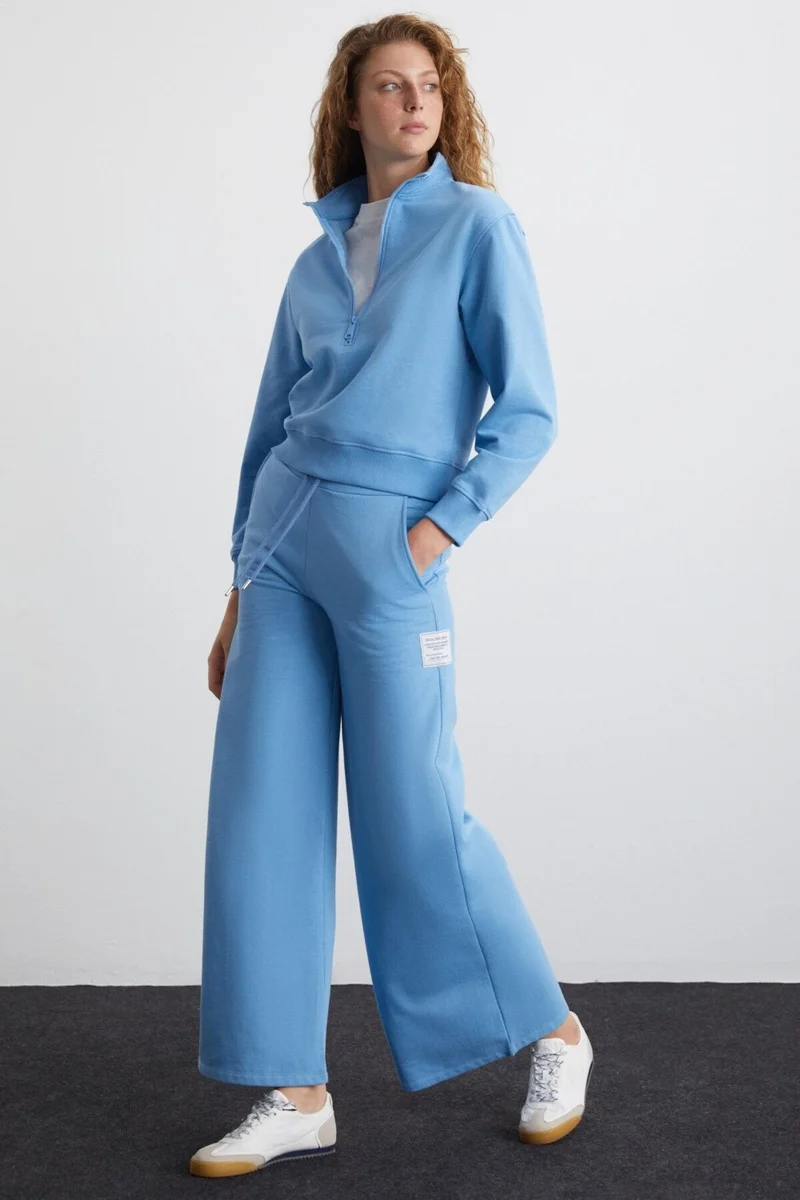 GRIMELANGE Sailenis Women's Soft Organic Cotton Half Zipper Regular Blue Sweatshirt with Raised Interior