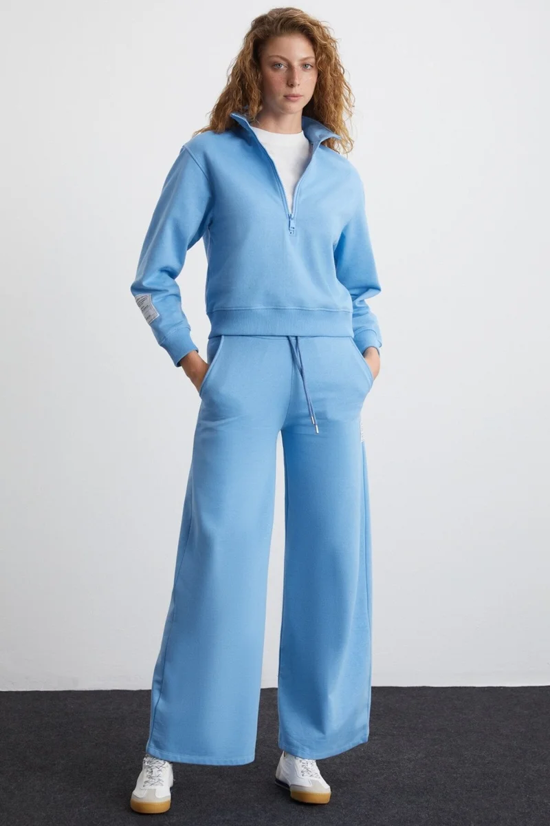 GRIMELANGE Sailenis Women's Soft Organic Cotton Half Zipper Regular Blue Sweatshirt with Raised Interior