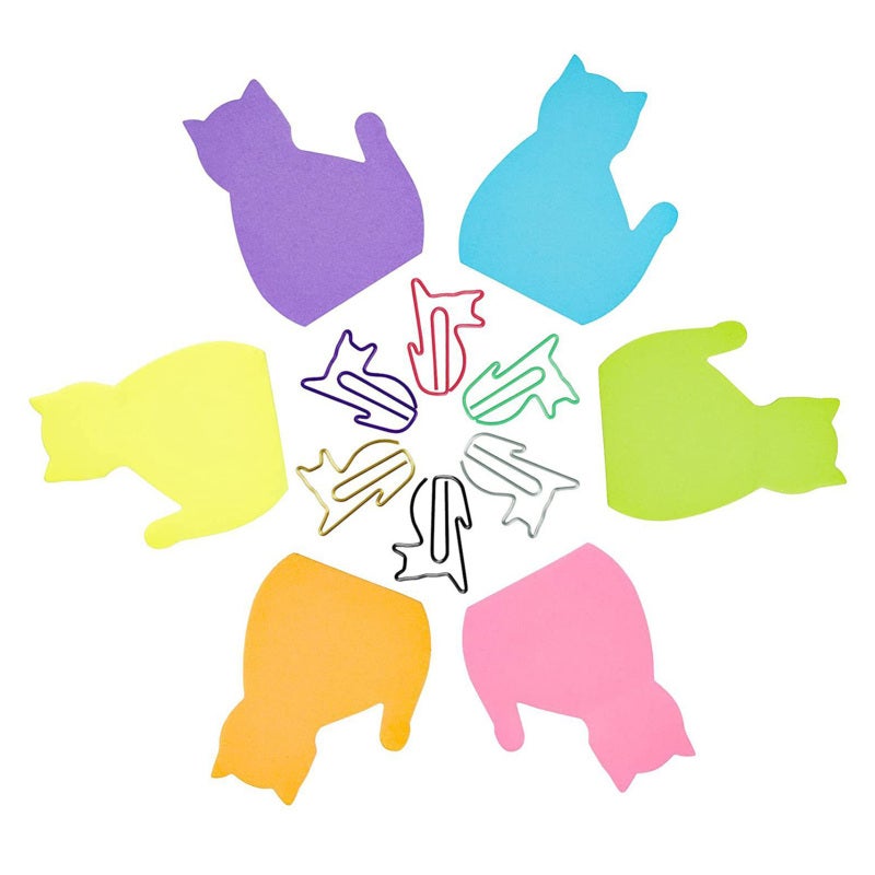 Reusable Sticky Notes: 6 Tags + 6 Paper Clips, High Viscosity For Multiple Reuse - Adorable Cartoon Cat Shape, Premium Wood Pulp Paper, Reminder Notes For Office, Food Delivery, Home Organization - Image 1