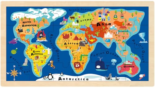 MoinKidz World Map Jigsaw Puzzle for Kids Ages 46 24 Piece Puzzles for Kids Ages 35 Wooden Jigsaw Puzzle for 3 4 5 Year Old Preschool Educational Toys for Toddlers - Image 1