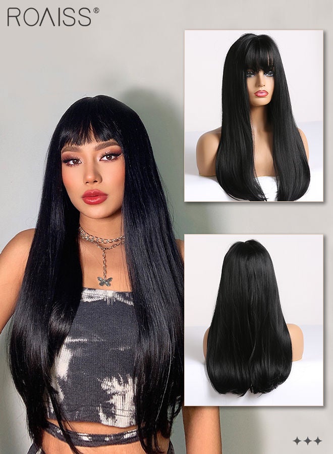 roaiss شعر مستعار أسود طويل مفرود مع غرة للنساء، شعر مستعار من الألياف الاصطناعية الناعمة الطبيعية المقاومة للحرارة لحفلات الزفاف والارتداء اليومي، 70 سم - Image 1