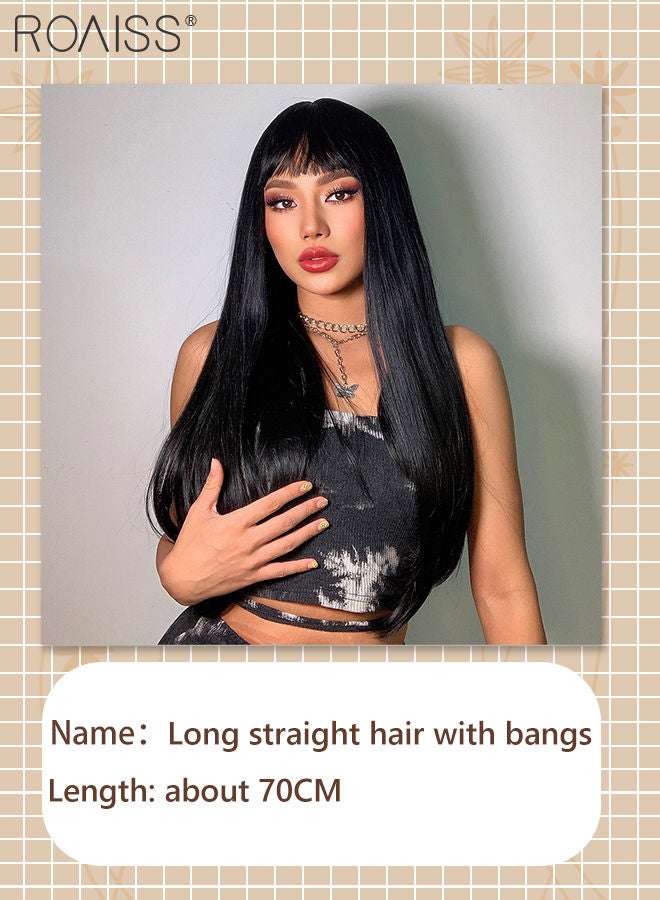 roaiss شعر مستعار أسود طويل مفرود مع غرة للنساء، شعر مستعار من الألياف الاصطناعية الناعمة الطبيعية المقاومة للحرارة لحفلات الزفاف والارتداء اليومي، 70 سم - Image 2