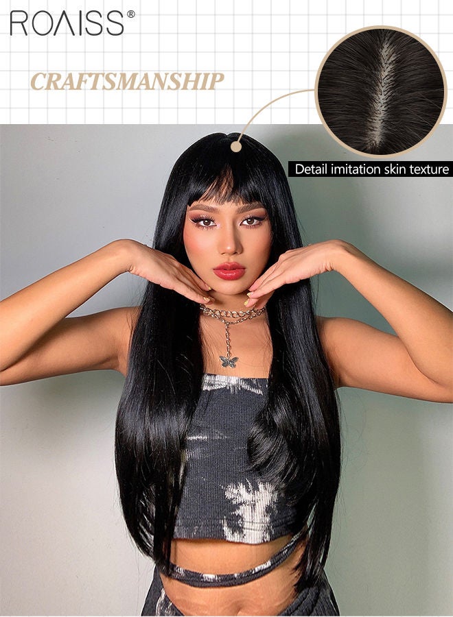 roaiss شعر مستعار أسود طويل مفرود مع غرة للنساء، شعر مستعار من الألياف الاصطناعية الناعمة الطبيعية المقاومة للحرارة لحفلات الزفاف والارتداء اليومي، 70 سم - Image 4