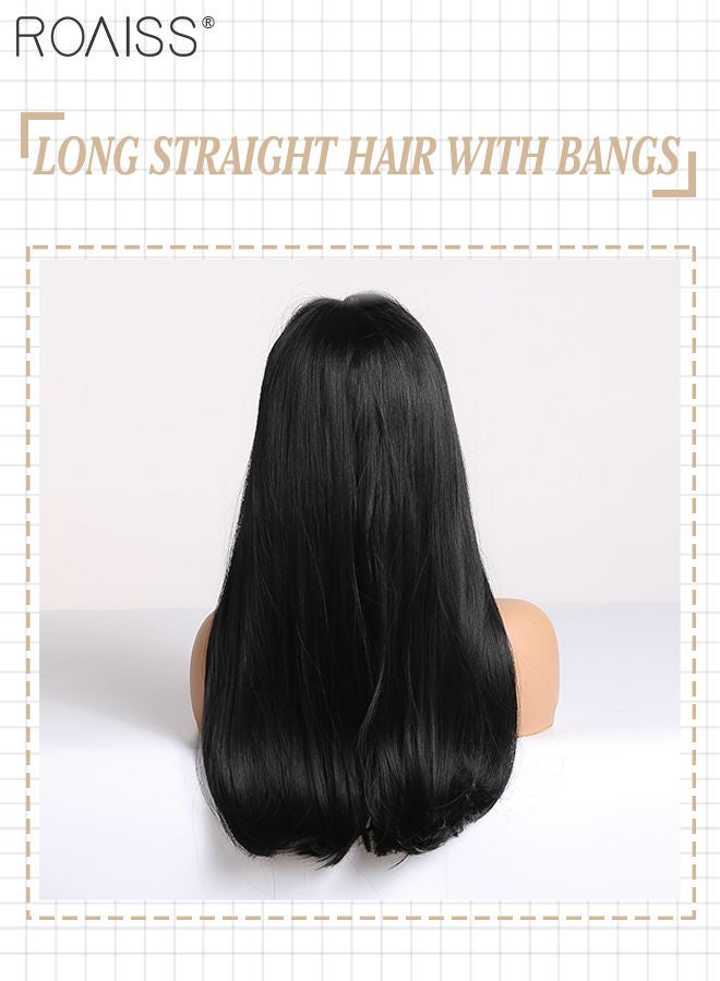 roaiss شعر مستعار أسود طويل مفرود مع غرة للنساء، شعر مستعار من الألياف الاصطناعية الناعمة الطبيعية المقاومة للحرارة لحفلات الزفاف والارتداء اليومي، 70 سم - Image 5