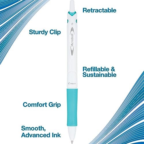 PILOT Acroball PureWhite Advanced Ink Refillable & Retractable Ball Point Pens with Turquoise/Orange/Purple/Lime/Blue Accents, Fine Point, Black Ink, 5-Pack (31861) - Image 4