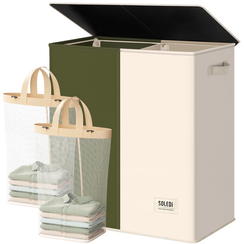 SOLEDI Large Double Laundry Hamper with Lid, Collapsible Clothes Hamper 2 section with Removable Bags, Space-Saving Laundry Basket for Bedroom, Dorm, College - Image 1