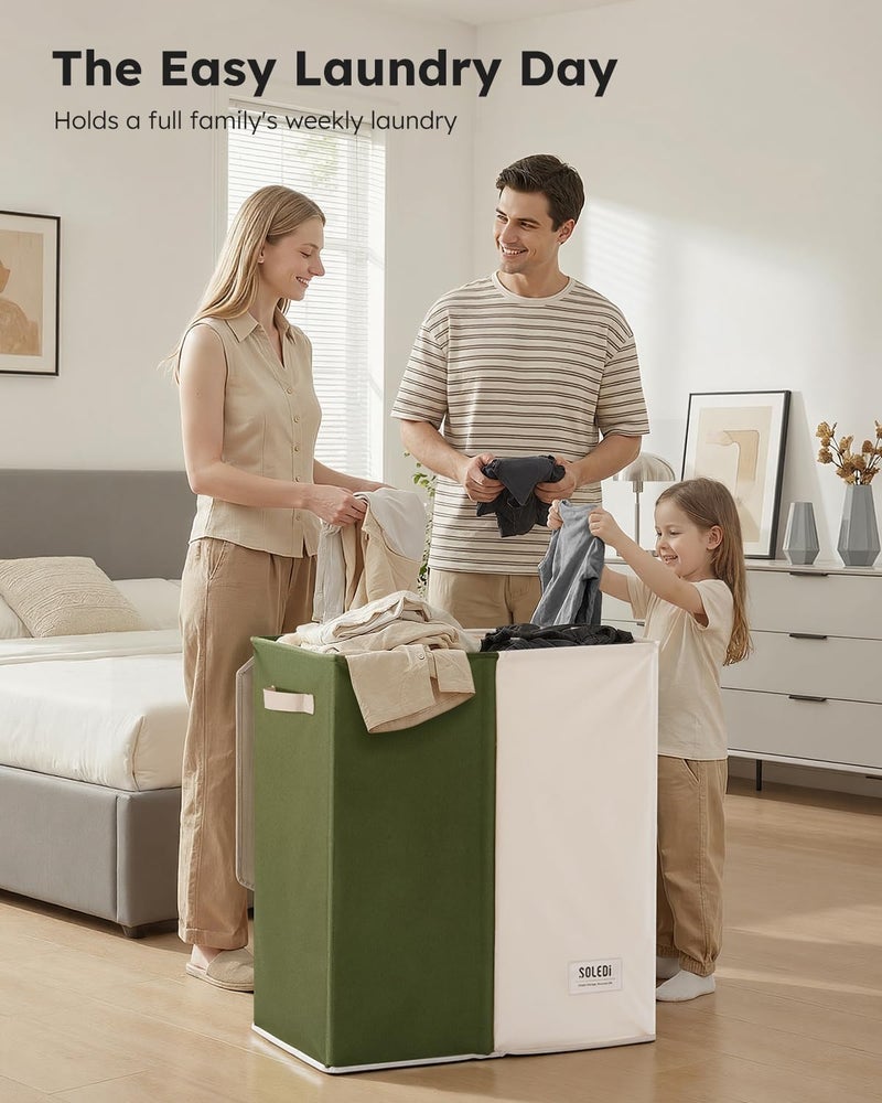 SOLEDI Large Double Laundry Hamper with Lid, Collapsible Clothes Hamper 2 section with Removable Bags, Space-Saving Laundry Basket for Bedroom, Dorm, College - Image 4