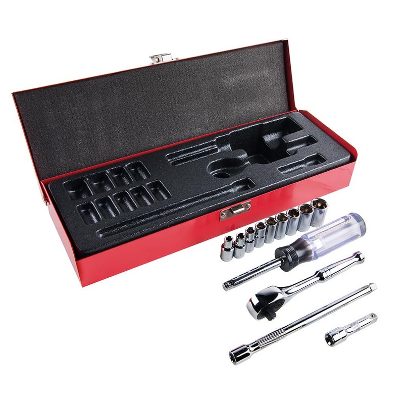 Klein Tools 65500 14Inch Drive Socket Wrench Set with Spinner Handle Ratchet and 2 Extensions Case Included 13Piece