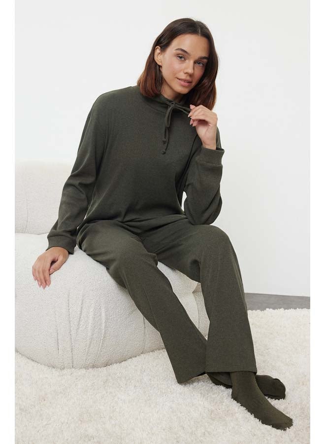 trendyol Khaki Tie Detailed Stand Collar Ribbed Knitted Pajama Set THMAW25PT00021  - Image 1