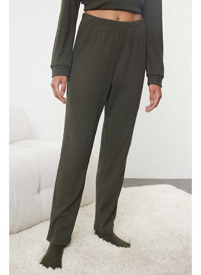 trendyol Khaki Tie Detailed Stand Collar Ribbed Knitted Pajama Set THMAW25PT00021  - Image 4