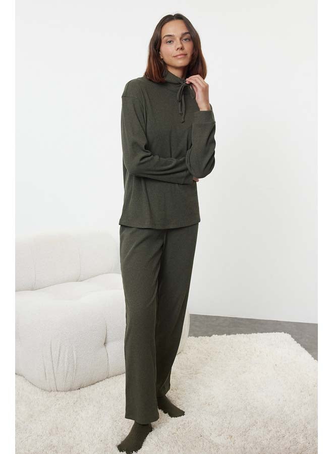 trendyol Khaki Tie Detailed Stand Collar Ribbed Knitted Pajama Set THMAW25PT00021  - Image 2