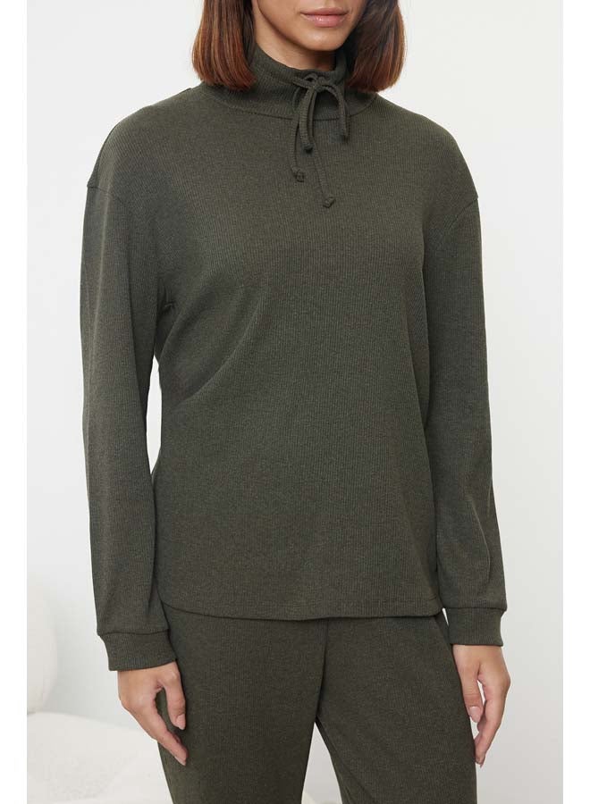 trendyol Khaki Tie Detailed Stand Collar Ribbed Knitted Pajama Set THMAW25PT00021  - Image 3