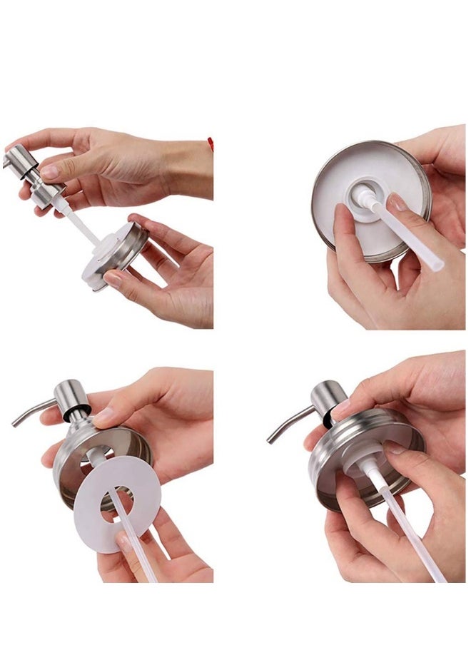 Generic - 4 Pack Mason Jar Soap Dispenser Lids with Pumps,  304 Stainless Steel Rust Proof Pump and Lid Replacement for 16 oz Regular Mouth Mason Jar Decor, 4 Brushes Included Silver - Image 1