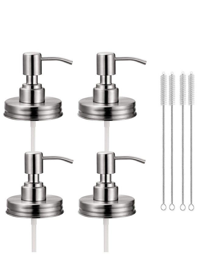 Generic - 4 Pack Mason Jar Soap Dispenser Lids with Pumps,  304 Stainless Steel Rust Proof Pump and Lid Replacement for 16 oz Regular Mouth Mason Jar Decor, 4 Brushes Included Silver - Image 1
