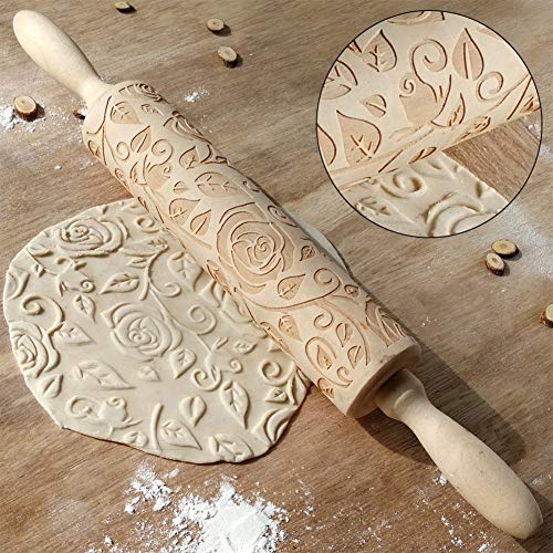 CfoPiryx Wooden Rolling Pin, Rose Flower Embossed Engraved Carved Rolling Pin, Valentine's Day DIY Cookies Biscuit Fondant Cake Dough Roller Baking Tool (Wood color) - Image 4