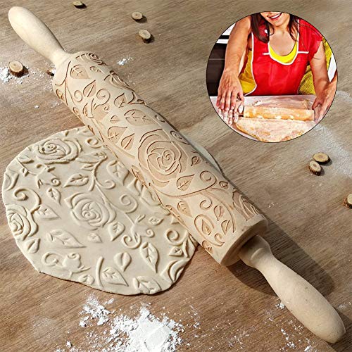 CfoPiryx Wooden Rolling Pin, Rose Flower Embossed Engraved Carved Rolling Pin, Valentine's Day DIY Cookies Biscuit Fondant Cake Dough Roller Baking Tool (Wood color) - Image 3
