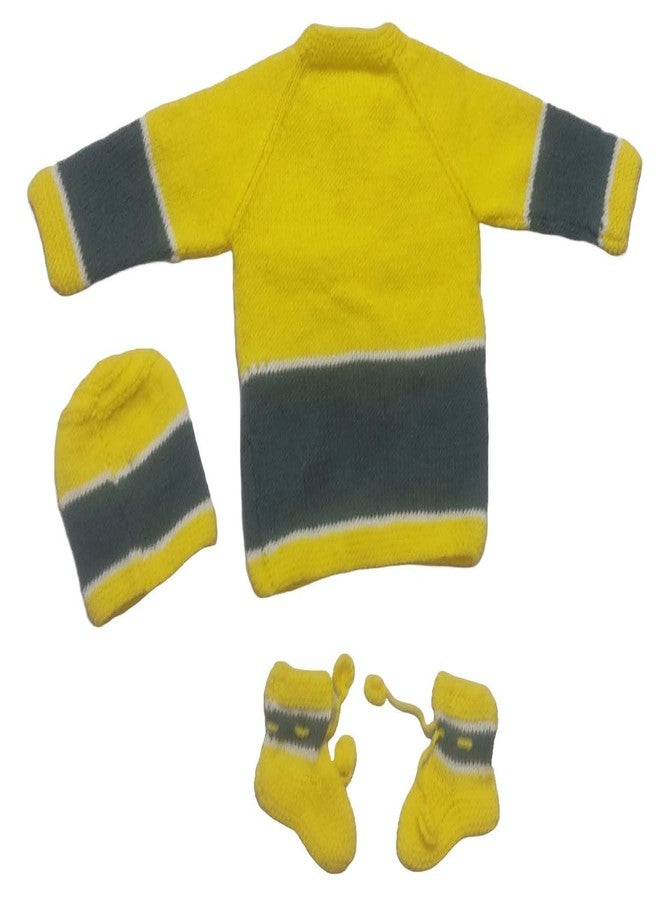 Cute Collection Handmade Woolen Sweater with Cap and Socks Set for Winter 6-9 Months Baby and New Born Baby Color Yellow & Grey - Image 4