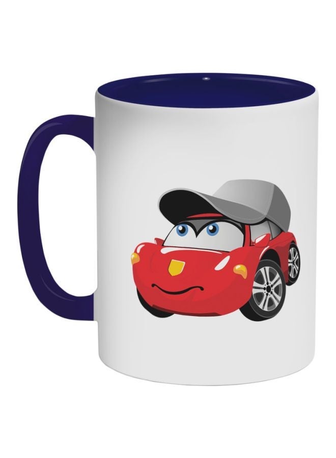 RYN Cartoon Character Car Printed Coffee Mug Dark Blue/White/Red 325ml