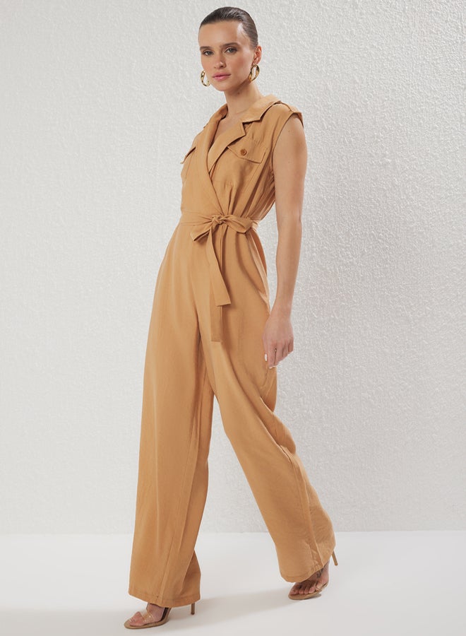 trendyol Camel More Sustainble Modal Belted Wide Leg Jumpsuit - Image 1