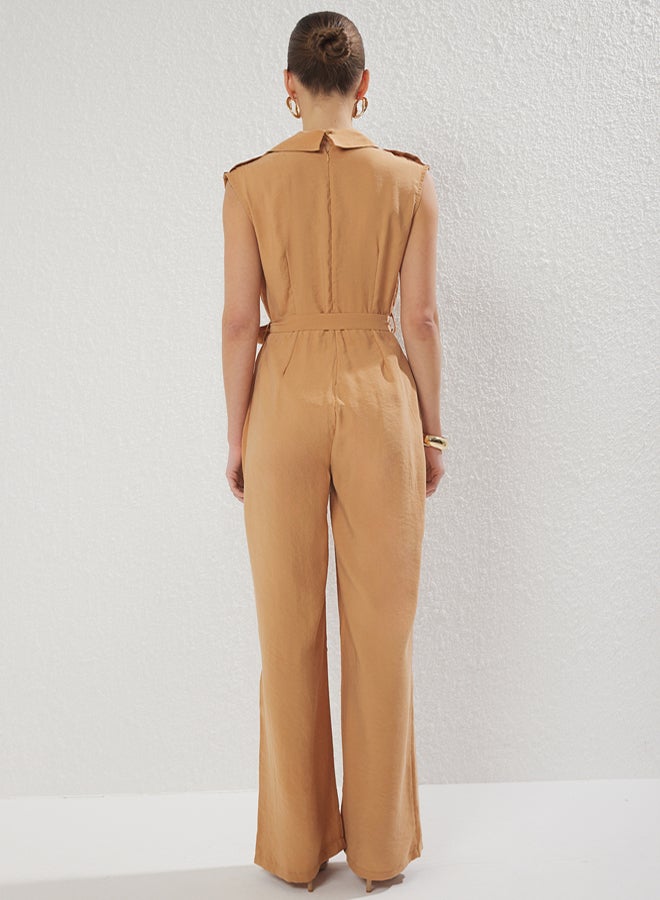 trendyol Camel More Sustainble Modal Belted Wide Leg Jumpsuit - Image 4