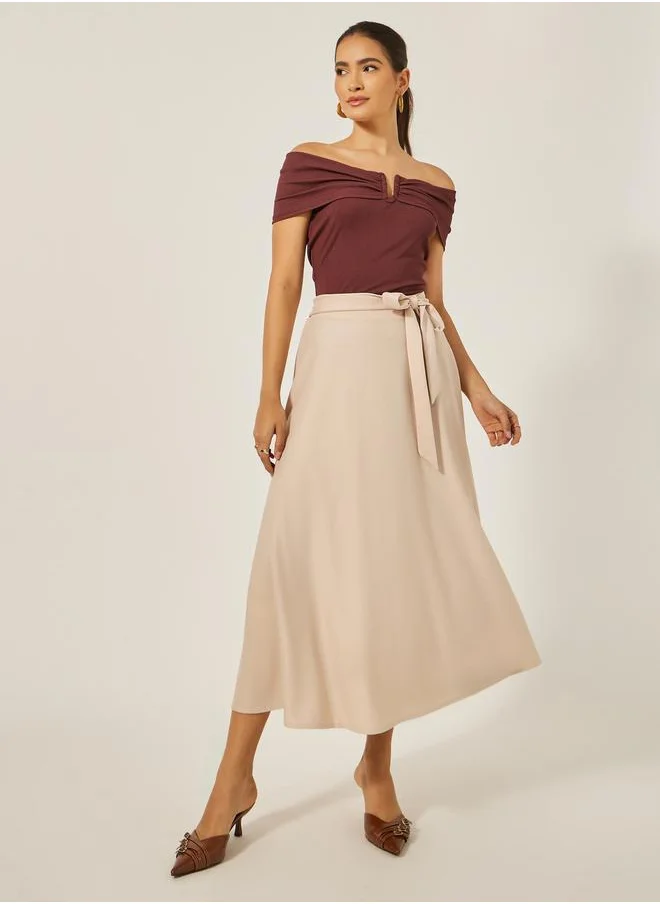 ستايلي High Rise A-Line Midi Skirt with Tie-Up Belt Detail