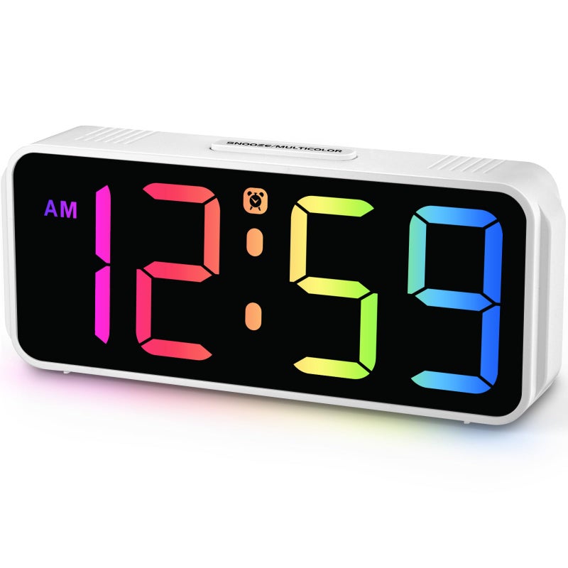 Peakeep Small Digital Alarm Clock Plug in for Kids Bedroom Bedside Nightstand, 8 RGB Colors Large Display Dimmable 6 Brightness, Corded Electric Battery Backup (White - RGB) - Image 1