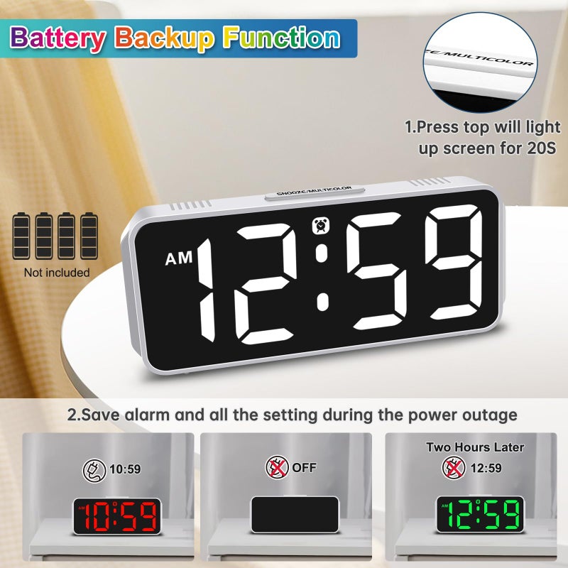 Peakeep Small Digital Alarm Clock Plug in for Kids Bedroom Bedside Nightstand, 8 RGB Colors Large Display Dimmable 6 Brightness, Corded Electric Battery Backup (White - RGB) - Image 5