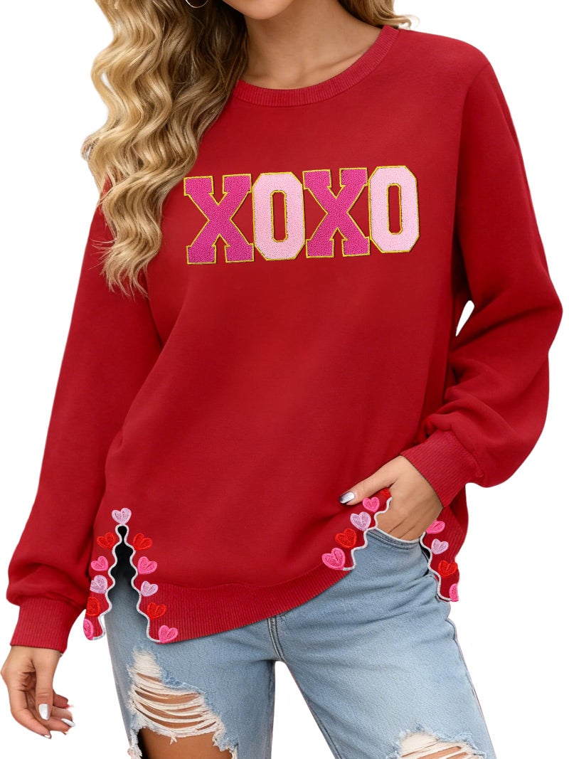 PECHAR Valentine Sweatshirts Women Love Valentines Shirts Embroidered Crewneck Long Sleeve Tops With Side Heart Applique - Image 1