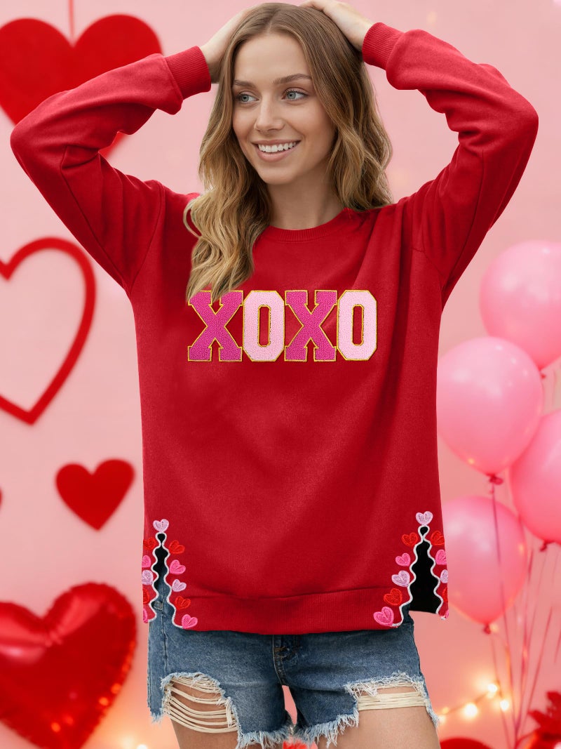 PECHAR Valentine Sweatshirts Women Love Valentines Shirts Embroidered Crewneck Long Sleeve Tops With Side Heart Applique - Image 4